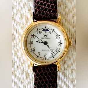 Ladies Waltham Moon Phase Watch, Japanese Movement Gold Tone Hirsch Lizard Strap